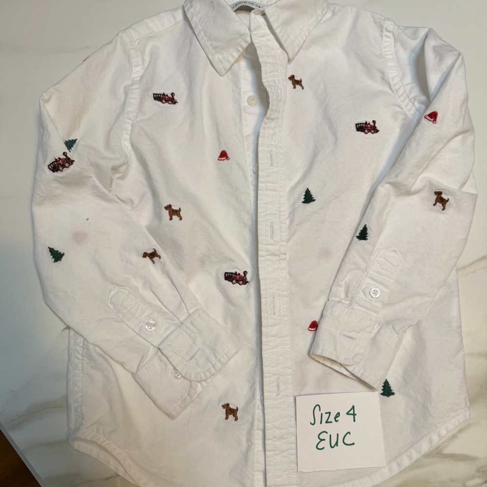 Janie and Jack White Button Down Shirt with Red and Green Accents